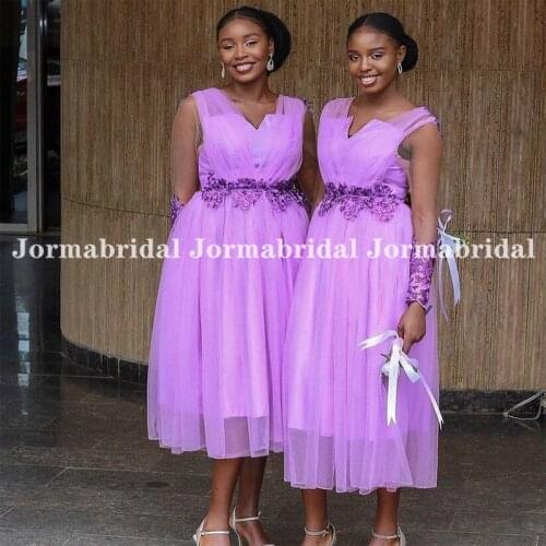 Short Lilac Long Sleeves Tulle Bridesmaid Dresses With Appliques Pleats Mesh V-Neck African Women Tea Length Wedding Party Dress