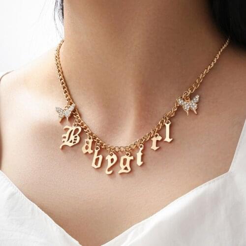 Fashion Gold Chain Crystal Butterfly Letter Babygirl Necklace for Women Statement Clavicle Necklace Jewelry Gift