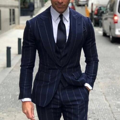 YIWUMENSA Navy Blue 3 Pieces Business Formal Men Suits For Wedding Office Work Wear Wide Peaked Laple Jacket Blazers Slim Fit
