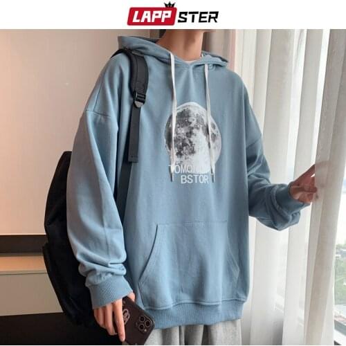 LAPPSTER Men Japanese Streetwear Moon Hooded Hoodies 2021 Mens Harajuku Black Oversized Hoodie Male Vintage Korean Sweatshirts