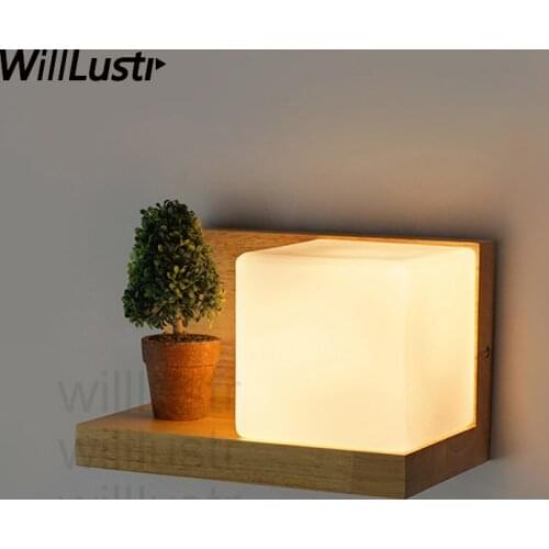 Willlustr Cubi Wall sconce glass Lamp hotel restaurant doorway porch vanity lighting novelty wood shelf cubic Modern light