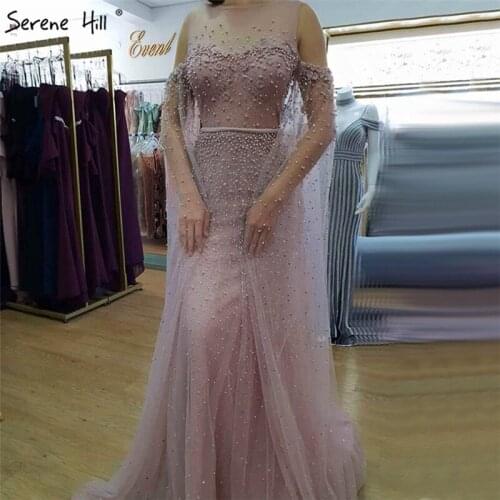 Latest Design Pink Mermaid Sleeveless Evening Dresses 2020 Pearls Handmade Fashion Sexy Evening Gowns LA6655