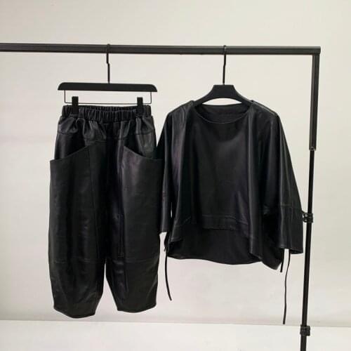 2020 Spring New Style Leather Clothing Loose Korean Edition Suit Sheep Leather Pants Casual fashion Two-piece Set