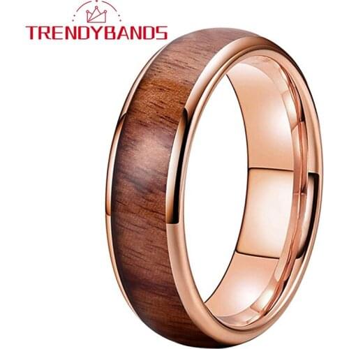 6MM Rose Gold Tungsten Men Women Ring Wedding Band With Koa Wood Inlay Dome Band Comfort Fit