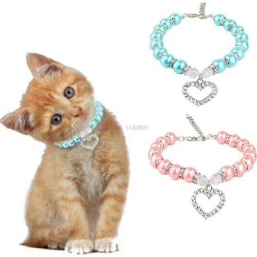 50Pcs/Lot Dog Collar Necklace New Diamante Heart Rhinestone Pendant Pearl Necklace Collar Pet Jewelry Accesorios