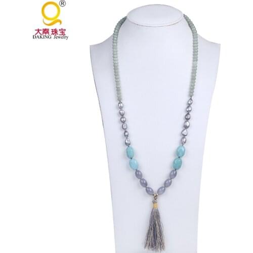 Chic gray freshwater pearl necklace crystal & stone bead necklace baroque pearl necklace tassel pendant necklace