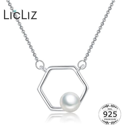 LicLiz Geometric 925 Sterling Silver Pearl Hexagon Necklaces Punk Style Collar Pendant Simple Costume Jewelry For Women LN0193