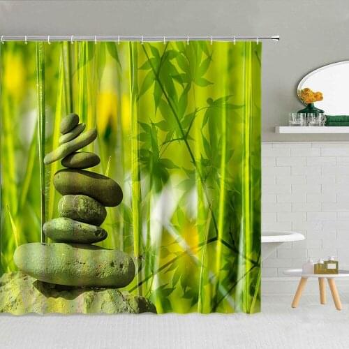 Zen Stone Green Bamboo Shower Curtain Lotus Butterfly Scenery Bathroom Supplies Fabric With Hook Bath Screen Home Decor Washable