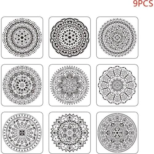 9pcs/set Mandala Stencil Drawing Template for Tile Floor Painting Board Album G88D
