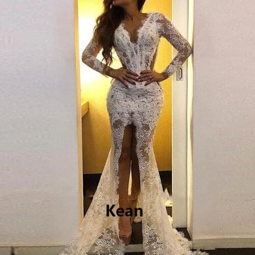 Ivory White Slit Mermaid Evening Dress Illusion Special Occasion robe soiree Islamic Dubai Kaftan Saudi Arabic Evening Gown