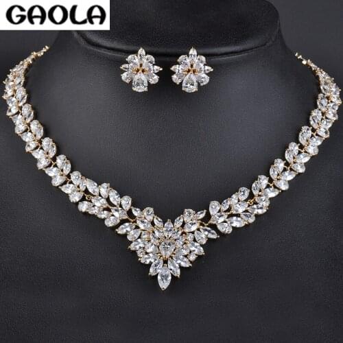 High Quality Romantic Yellow Gold Color Heart Shape Flower Crystal Necklace&Earrings Jewelry Sets Wedding Gift GLN0100