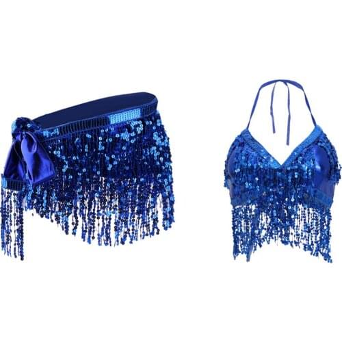 Womens Beach Belly Dance Costume Set with Fringe Wrap Skirts Sexy Clubwear