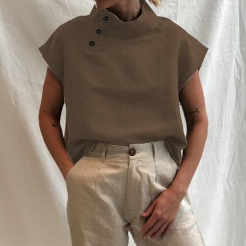 Women Summer Blouses Buttons Tops Casual Loose Plus Size Short-Sleeve Pullover Solid Color Buckle Shirt Stand-Up Collar Elegant