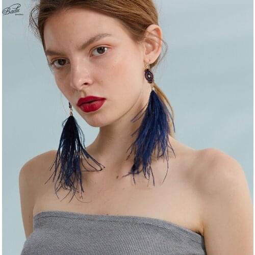 Badu Blue Feather Earrings Long Ostrich Feathers Women Vintage Earring 2017 Bohemian Costume Jewelry Original Design Handmade