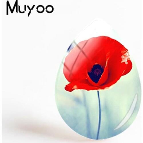 2018 New Red Flowers Jewelry Red Flower Art Tear Drop Cabochon Plant Painting Glass Dome Cabochons Gifts Women