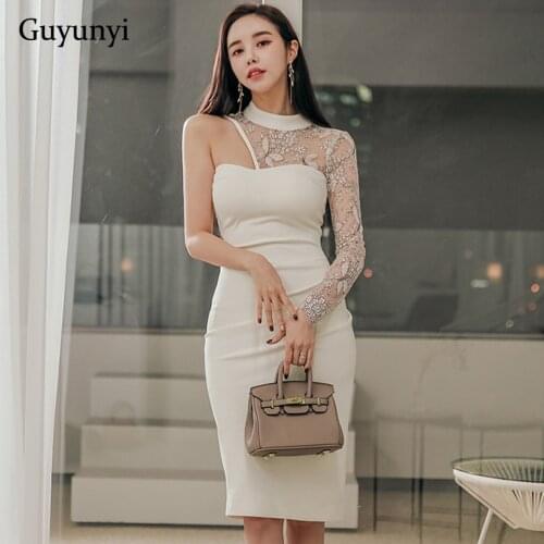 White Tight Dress 2021 Spring Stand-Up Collar One Shoulder Sleeve Sexy Perspective Floral Lace High Waist Elegant Party Dress