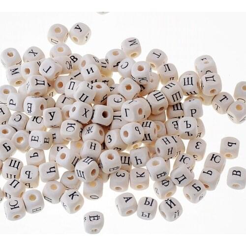Hot 50pcs 10mm Random Mix Russian/English Alphabet A-Z Letter Square Charm Wood Spacer Beads For Baby Smooth Jewelry Making DIY