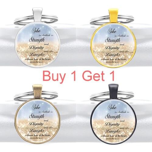 Buy 1 Get 1 Christian Quotes Bible Verse Proverbs She Is Clothed in Strength and Dignity Quotes Design Pendant Key Chain