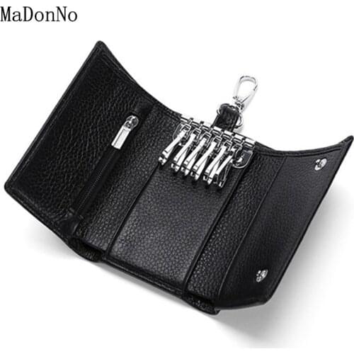 Genuine Leather Key Case Men Women Multifunctional Tri-Fold Wallet Keychain Fashion Card Holder Coin Purse Key Organizer Pouch