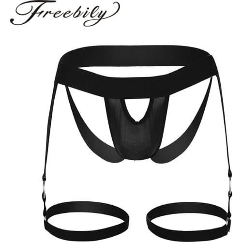 Black Mens Lingerie Bulge Pouch Open Butt Jock Strap G-string Briefs Underwear with Leg Garters Band and O-rings Unique Design