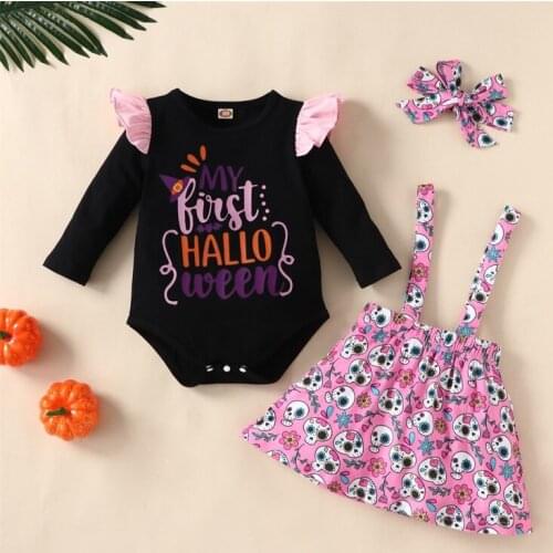 Halloween Party Baby Sets Autumn Cartoon Printing Rompers and Skirt Sets for Girls Children