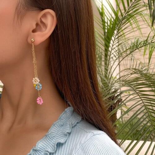 Bohemian Seed Beads Long Hanging Earrings for Women Charm Jewelry Colorful Flower Pendant Earrings 2021 New Design Holiday Style