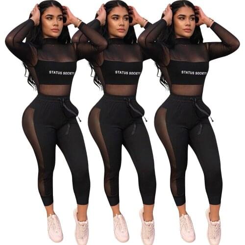 European Fashion Autumn Mesh Sexy Bodycon Jumpsuit Black Bodysuit Long Sleeve Sheer Overalls Playsuit Y8035