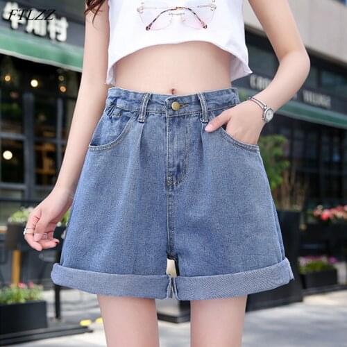 FTLZZ 2020 High Waist New Summer Women Denim Shorts Vintage Female Blue Wide Leg Jeans Casual Ladies Shorts