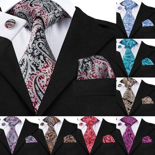 SN-359 Lightgrey Red Black Paisley Tie Hanky Cufflinks Sets Mens 100% Silk Ties for men Formal Wedding Party Groom