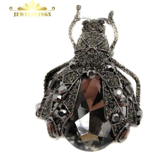 Gothic Vintage Style Full Black Pear Shaped Rhinestone Cicada Brooch Big Beetle Pins Costume Jewelry for Halloween Party Jewelry