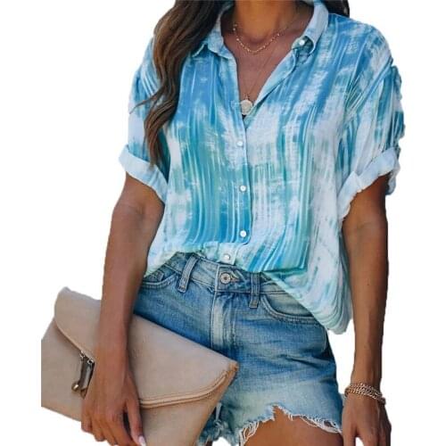 Lapel Cardigan Casual Loose Tie-dye Print Women Chiffon Blouse Shirt Single Breasted Plus Size Short Sleeve Summer Ladies Shirts