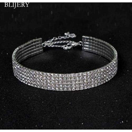 BLIJERY Fashion Prom Wedding Full Rhinestone Choker Necklaces for Women Silver Color Crystal Collar Necklace Chain Elastic Cord