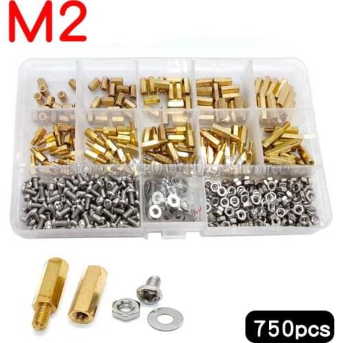 750Pcs/set M2 Brass Studs Pillars Standoff Spacers Screw Isolation Spacing Screw stud Stainless steel Screws Nut Washer Kit