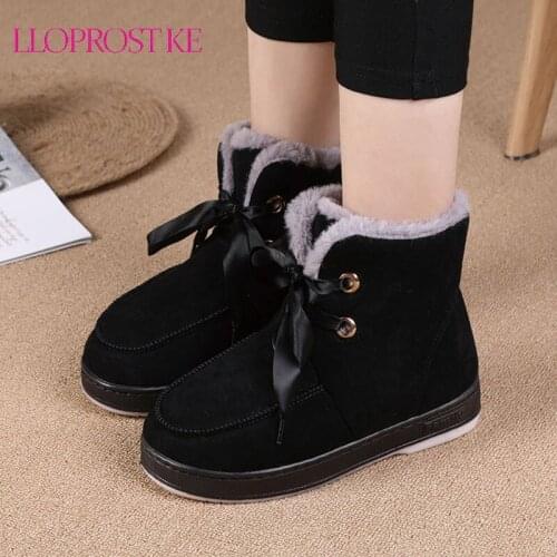 Lloprost ke Snow Winter Plush Keep Warm Flat with Ankle Boots Cross-tied Big Size 44 Flock Low Heels Non-Slip Women shoes
