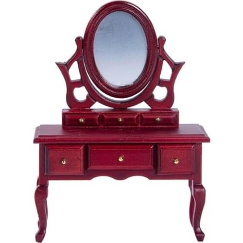 1:12 Scales Miniature Dollhouse Makeup Dressing Table Mirror Jewelry Wood Desk Vanity Set Pretend Play Kids Miniature