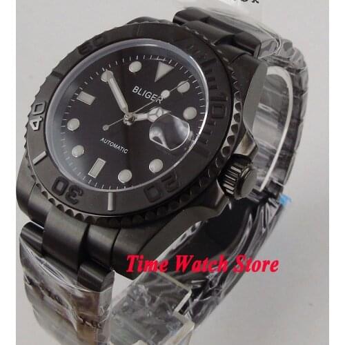 Bliger 40mm pvd automatic wrist watch men sapphire glass waterproof pilot black dial luminous ceramic bezel 137