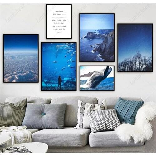 Ocean Wave Wall Art Canvas Painting Whale Shark Reef Cloud Quotes Nordic Posters and Prints Wall Pictures for Living Room Decor