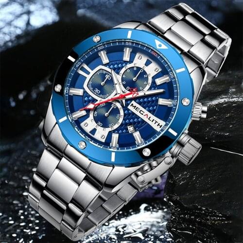 Wholesale Price MEGALITH Date Watch for Man Fashion Sport Wateproof Stainless Watch Clock Silver Blue Big Face Quartz Watch Man