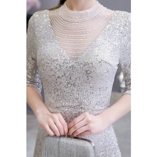 Babyonlinedress Real Image Silver Seuqins Beads Mermaid Prom Dresses 2020 Sexy Illusion Keyhole Back Evening Party