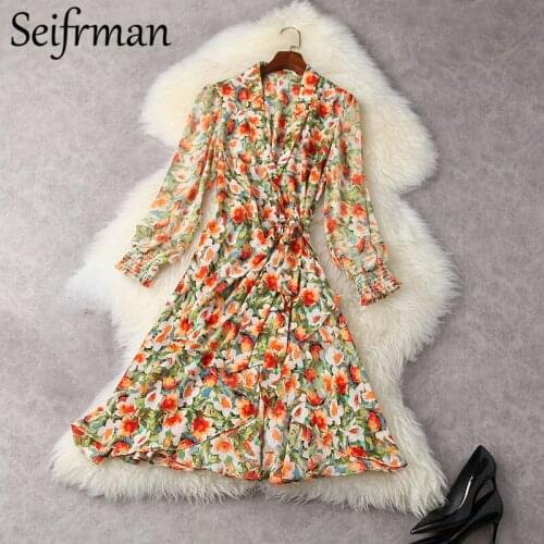 Seifrmann New 2021 Summer Women Fashion Runway Designer Party A-Line Dress Lantern Sleeve Bow Sashes Print Chiffon Midi Dresses
