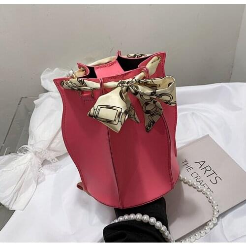 Solid color Ribbon Bucket bag 2021 Summer New Quality PU Leather Womens Designer Handbag Pearl strap Shoulder Messenger Bag