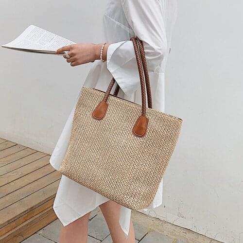 CGC 2021 New Fashion Straw Weave Women Tote Bag Solid Simple Shoulder Bag Female Retro Bohemian Handbag Casual Vacation Bag