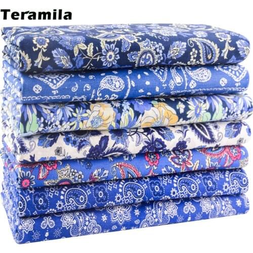 Teramila By the Half Meters Retro NavyBlue Flowers Printed Cotton Poplin Fabrics For Sewing Dress Clothes Cloth Quilt Needlework