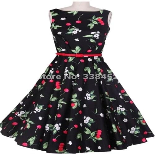 50s Vintage Audrey Hepburn Little Red Cherry Green Leaves Retro Floral Print Dress Rockabilly Evening Pinup Prom Party Dress
