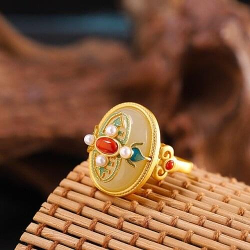 VINTAGE S925 GOLD-PLATED WHITE JADE CLOISONNE RING VINTAGE 925 STERLING SILVER RED CLOISONNE GEMSTONE PEARL RING ETHNIC JEWELS