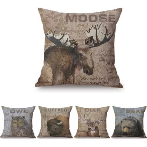Vintage Woodland Fox Buffalo Elk Deer Bear Owl Moose Animal Throw Pillow Case For Home Decoration Retro Sofa Linen Cushion Cover