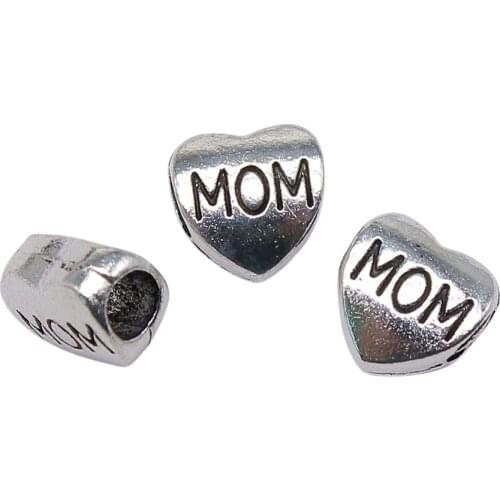 WYSIWYG 10pcs 10x10mm Heart Mom European Beads Big Hole Beads Mom Heart Beads Charms Mom Heart Charm