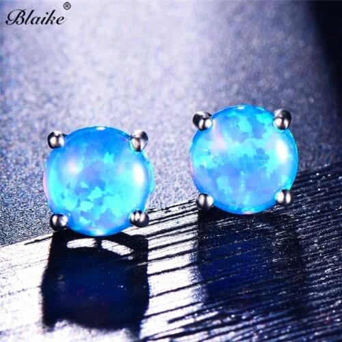 Blaike Dainty Silver Color Stud Earrings For Women Big Round Fire Opal Stone Earring Female Fashion Jewelry Gifts