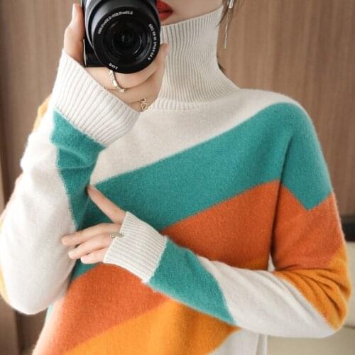 New 21 Autumn and Winter Cashmere Sweater Womens high lapel color-blocking long-Sleeved Pullover 100% Wool bottoming Sweater