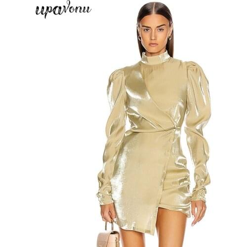 Elegant Satin Dress Womens 2020 Autumn Fashion Irregular High Neck Puff Sleeve Bodycon Mini Dress Celebrity Club Party Dresses